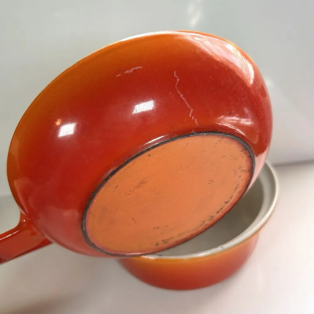 Vintage Descoware Enameled Cast Iron Flame-Orange Saucepan And Skillet-Lid Combo